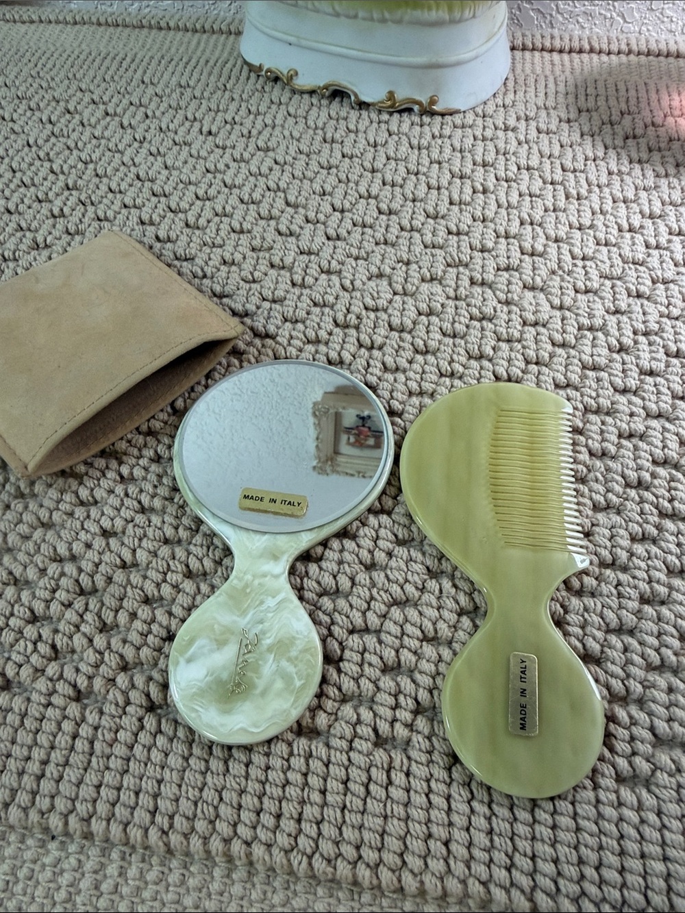 Vintage Janeke Italy Pearlescent Mirror & Comb Set w/ Suede Case